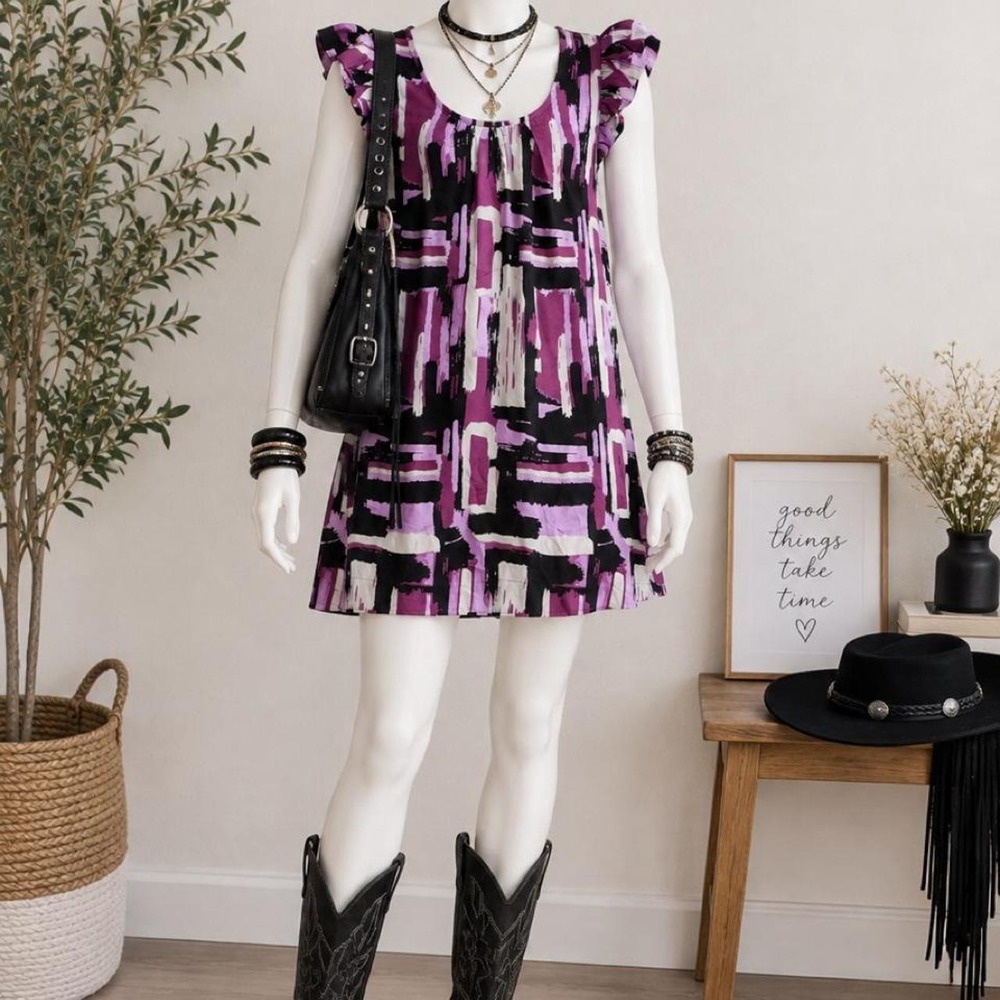 2Hot & Delicious Purple Black Abstract Ruffle Mini Dress Women's S